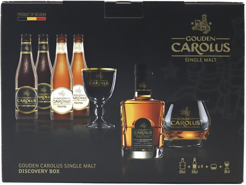 Gouden Carolus Tripel 2x33cl + Gouden Carolus Imperial Dark 2x33cl + Single Malt Whisky 46% + Glas Discovery Box Geschenkverpakking